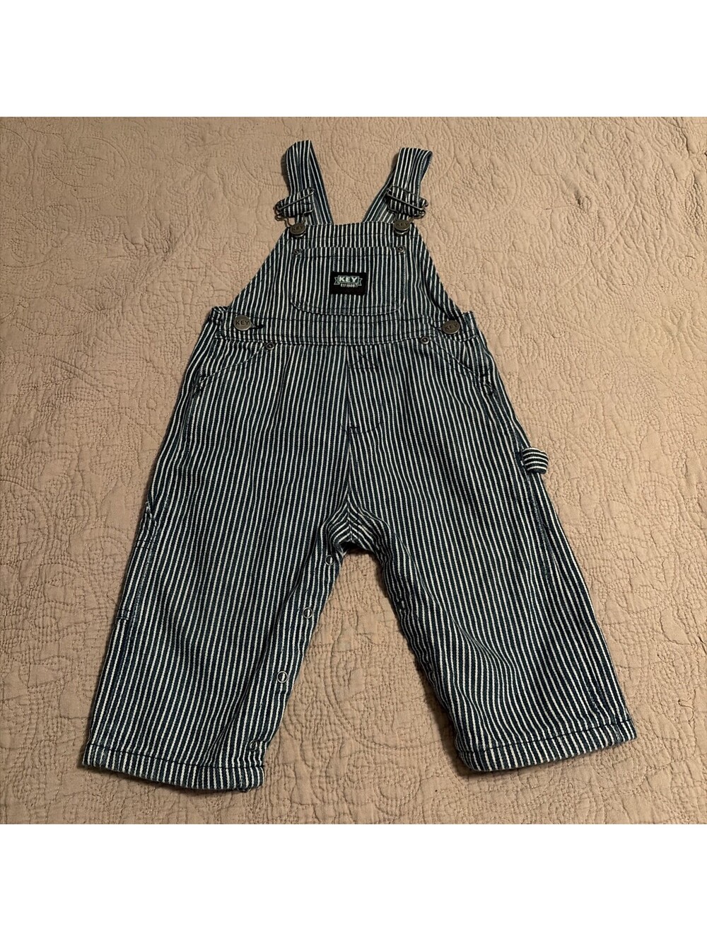 Key Baby Boy 12 Months Bib Overalls Hickory Stripe Railroad Farmer Snap Leg Bibs